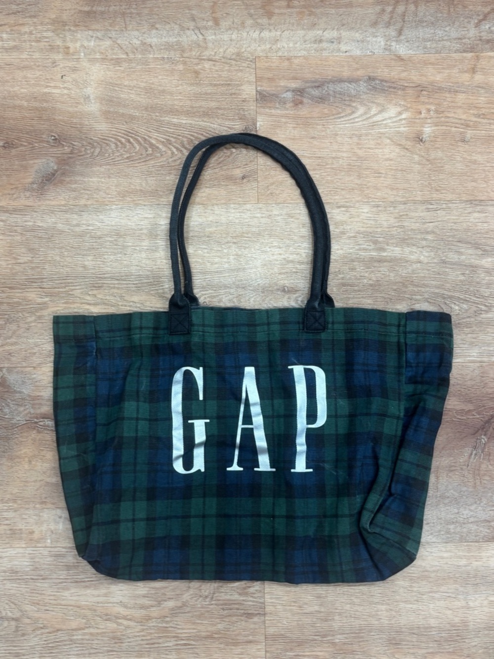 GAP Navy and Green Plaid Canvas Tote with White Logo